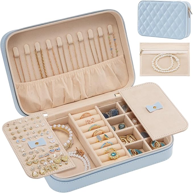 Lolalet Travel Jewelry Case for Women Girls, Travel Jewelry Organizer Box with Mirror & Clear Storage Bag, Small Portable Ear