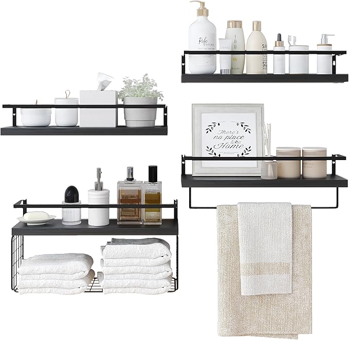 Black Wood Floating Shelves Wall Mounted - 3+1 Tier Rustic Bathroom Wall Shelves Over Toilet with Wire Storage Basket and Tow