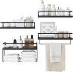 Black Wood Floating Shelves Wall Mounted - 3+1 Tier Rustic Bathroom Wall Shelves Over Toilet with Wire Storage Basket and Tow