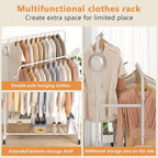 Laiensia Double Rods Garment Rack with Wheels, Clothing Rack for Hanging Clothes,4 Hooks, Multi-functional Bedroom Clothes Ra