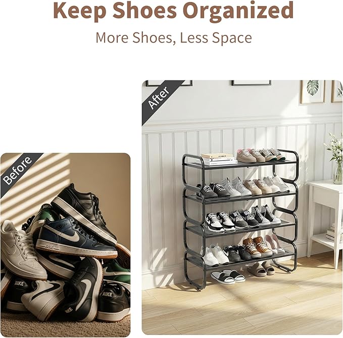 4Tier Shoe Rack - Expandable Shoe Organizer for Closet, Adjustable Metal Shoe Shelf Storage, Stackable Long Shoe Stand Holder