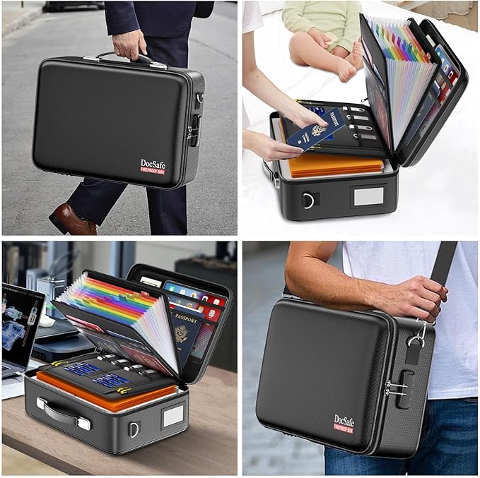 DocSafe Fireproof Document Box with Lock, Hard Case File Organizer with Accordion File Folder, Fireproof Water Resistant Safe