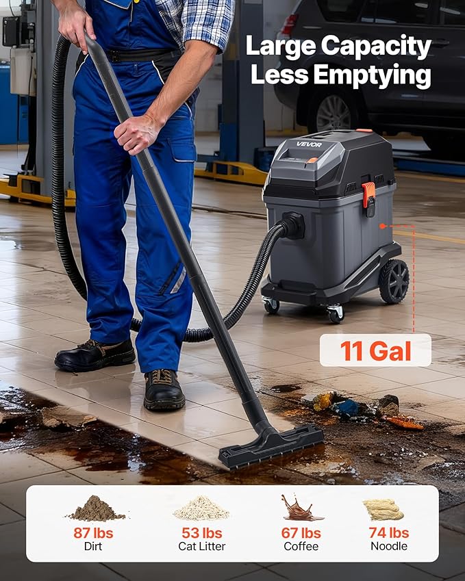 VEVOR Commercial Shop Vac, 11 Gallon Wet Dry Shop Vacuum, 5.5 Peak HP Portable with One-Button Self-Cleaning, 1350W Input, 1.