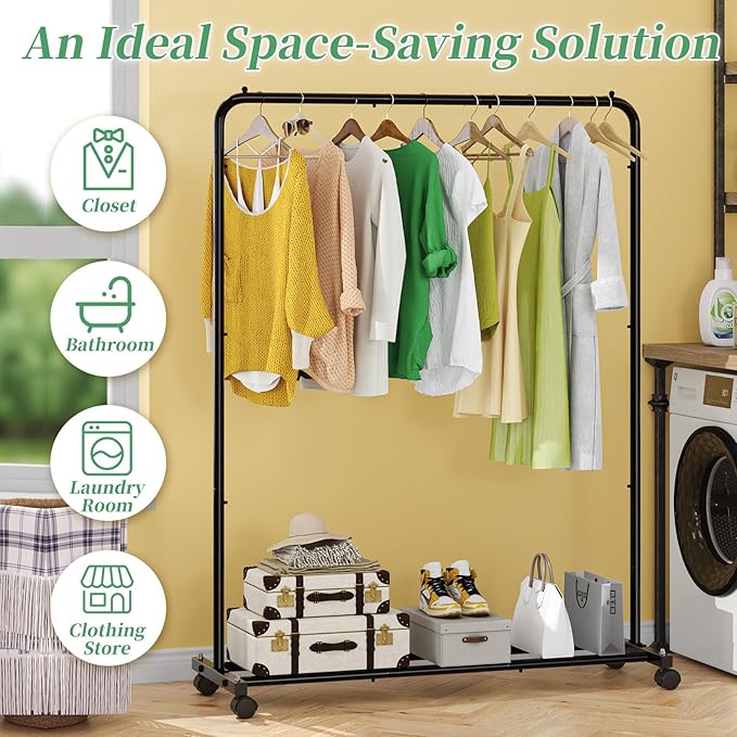 Simple Trending Standard Clothes Clothing Garment Rack with Storage Shelves, Rolling Clothes Organizer on Wheels for Hanging 