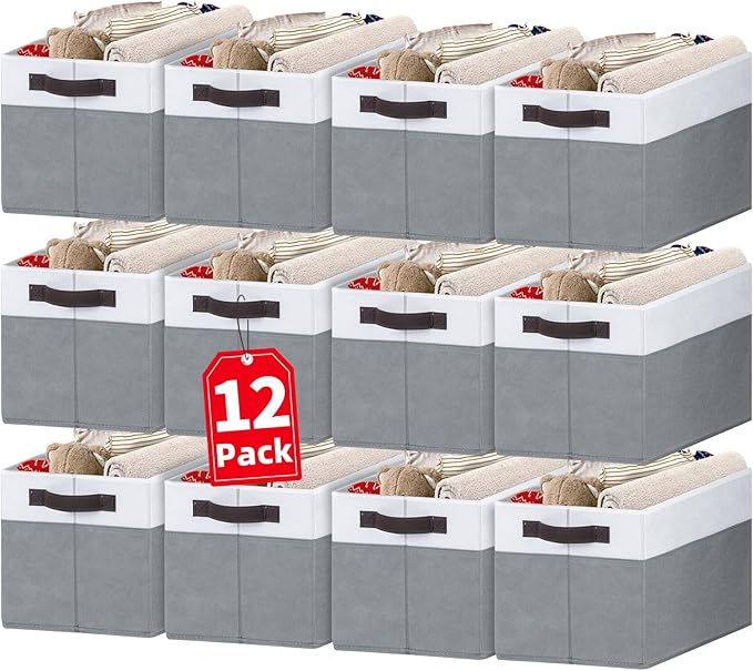 Criusia 12 Pack Large Storage Baskets for Shelves | Fabric Closet Organizers and Storage Bins with Handles for Home Organizat