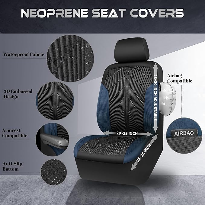 CAR PASS Waterproof Black Blue Car Seat Covers Front Seat Covers Neoprene Wetsuit,All-Weather Non-Slip Durable,Universal Fit 