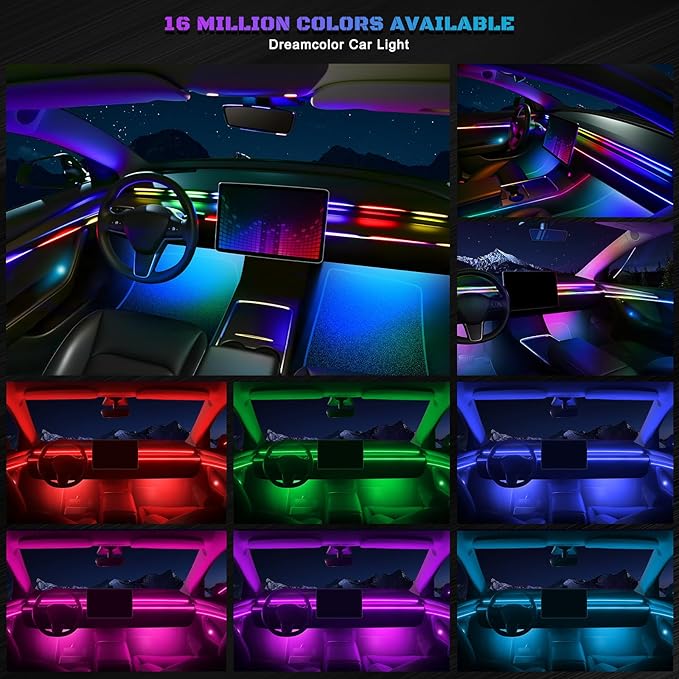 Dreamcolor Acrylic Interior Car LED Strip Light with Wireless APP, RGB 14 in 1 with 175 inches 593 Neon Car Ambient Lighting Kits, Dual Zone Music Sync LEDs Fiber Optic Strip Neon Lights for Car