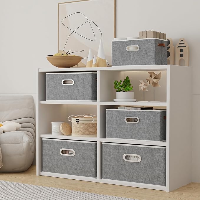 Yawinhe Foldable Storage Baskets for Shelves, Fabric Closet Organizers, Bins with 3 Handles, Cubes for Clothes, Grey, 15''Lx9