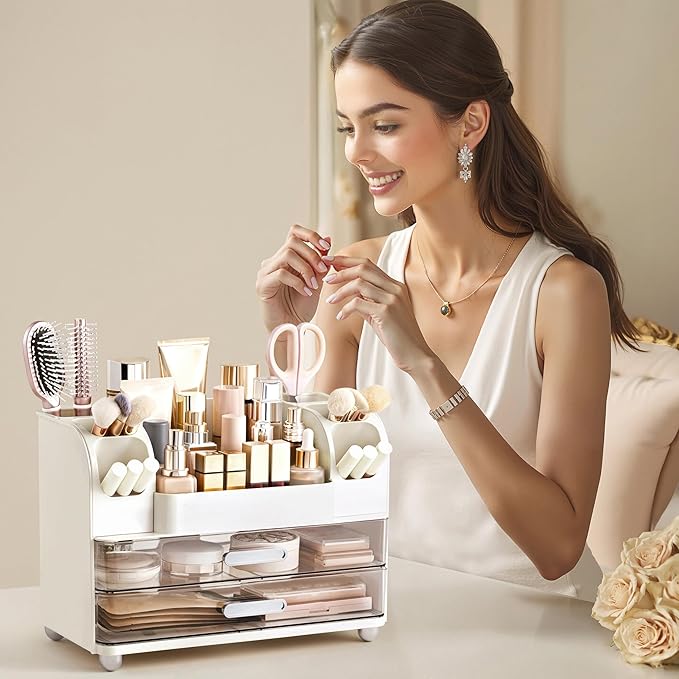 HBlife Makeup Organizer for Vanity with Brush Holder, Large Bathroom Countertop Cosmetic Organizer Skin Care Storage, Easy to