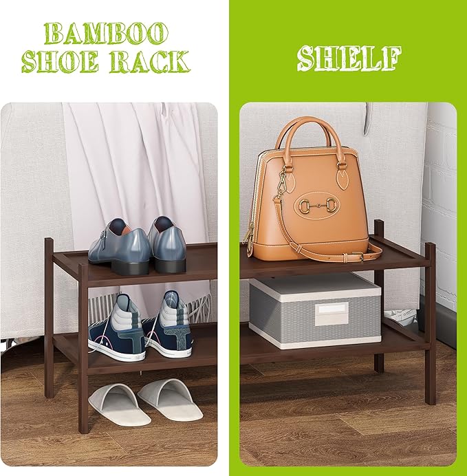 BMOSU 2-Tier Bamboo Shoe Rack Premium Stackable Shoe Shelf Storage Organizer for Hallway Closet Living Room Entryway Organize