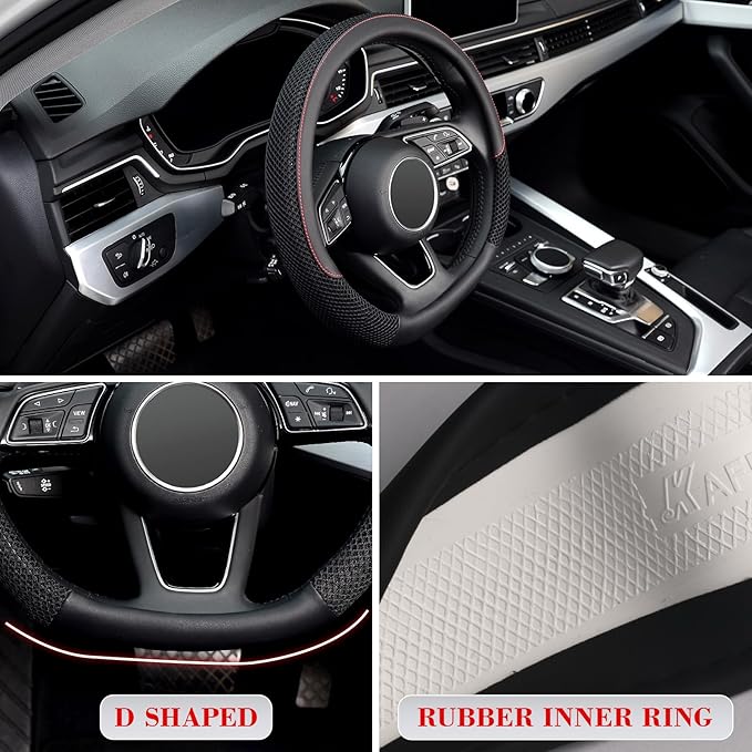 KAFEEK D Shape Steering Wheel Cover, Universal 15 inch, Microfiber Leather Viscose, Breathable, Anti-Slip,Warm in Winter and 