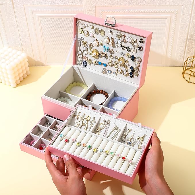 BOOVO Earring Jewelry Box For Women Girl Stud Organizer, 5 Layers Girl Jewelry Organizer Box With Lock Earring Holder Organiz