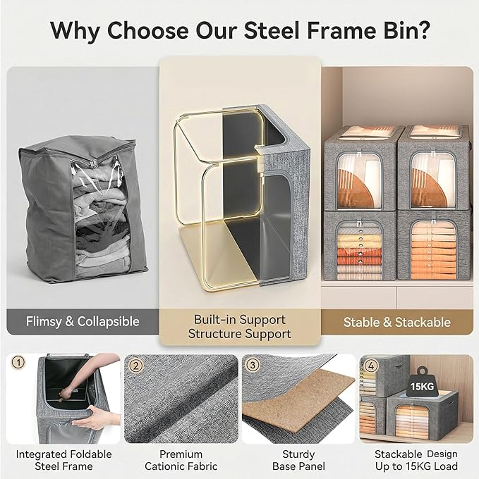 GoMaihe Clothes Storage Bins Metal Frame: 55L Extra Large Stackable Closet Storage Bin with Lid & Clear Window, Heavy Duty Bl