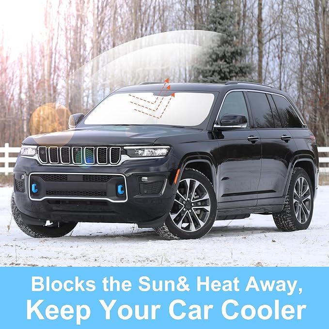 TINGLU Sun Shade for Jeep Grand Cherokee 4XE 2024 Accessories Windshield Sun Shade Window Shade UV Rays Protection Sun Visor Cover with Steering Wheel Sunshade Storage Bag