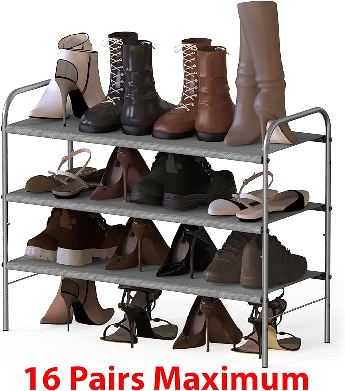 Simple Houseware 3-Tier Shoe Rack Storage Organizer, Grey – Space-Saving Shoe Shelf, Holds 9–16 Pairs, Sturdy Metal Frame, Ea