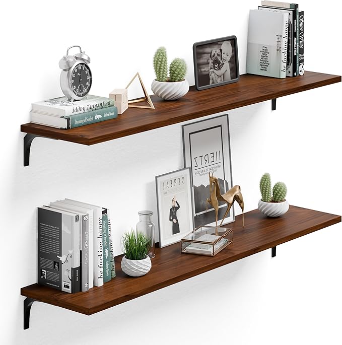 12 Inch Deep Floating Shelves Set of 2, 48 Inch Extra Wide Vintage Walnut Solid Pine Wood Wall Shelves, 4ft Heavy Duty Wall M