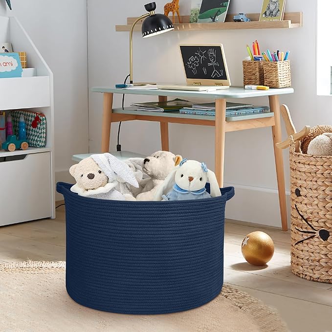 MEGASKET Dark Blue Basket for Organizing, 22" x 14" Extra Large Woven Cotton Rope Laundry Basket, Blanket Storage for Living 
