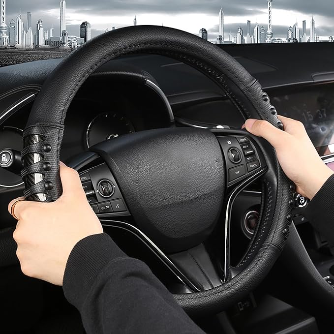 West Llama Microfiber Leather Car Steering Wheel Cover for Men Women,Universal Fit 15.5-16 inch(Leather Nails-Black-Large Siz