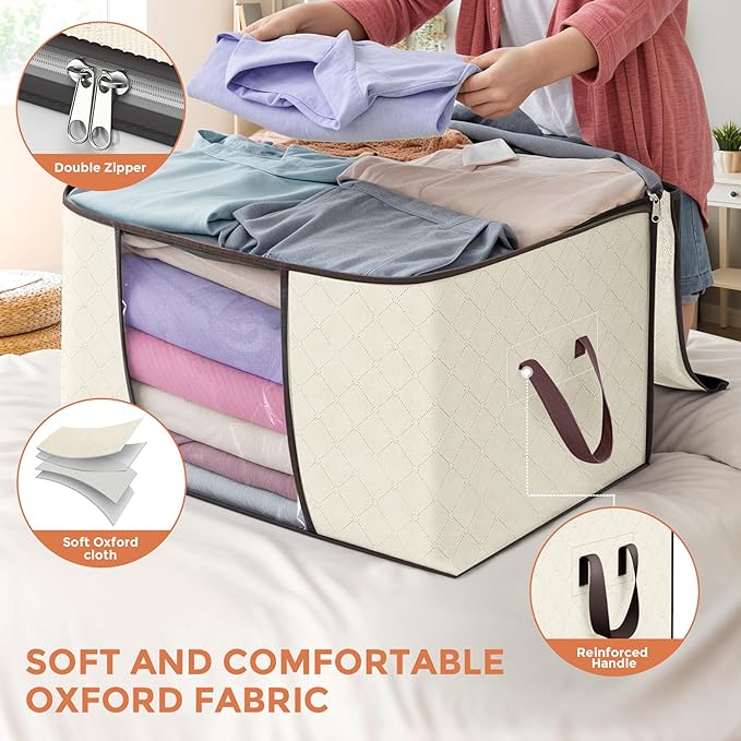 90 L Large Storage Bags, 6 Pack Clothes Storage Bins Foldable Closet Organizers Storage Containers with Reinforced Handle for
