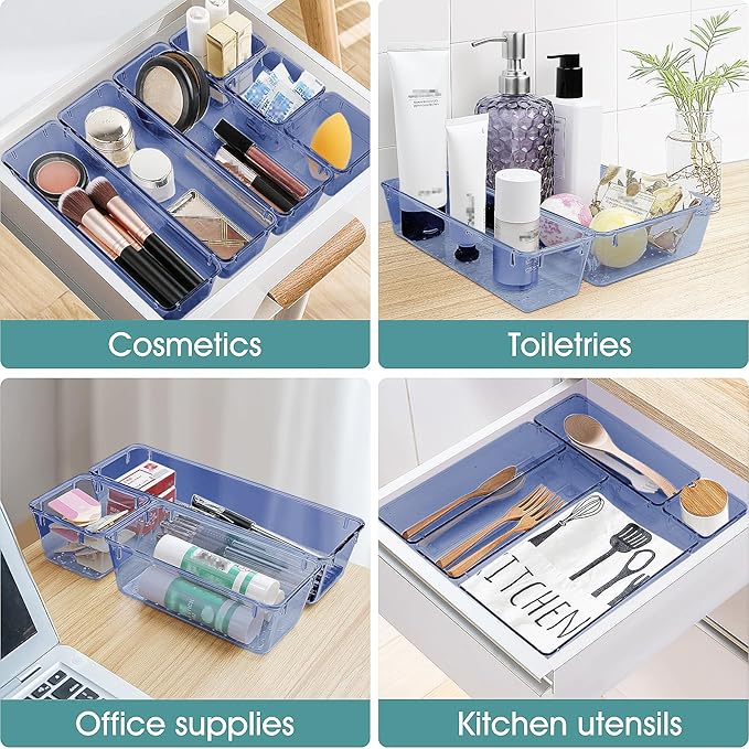 WOWBOX 25 PCS Plastic Drawer Organizer Set, 4 Sizes Desk Drawer Divider Organizers and Storage Bins for Makeup, Jewelry, Gadg