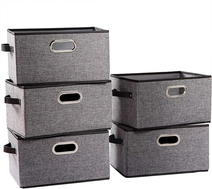 PRANDOM Large Collapsible Storage Baskets for Closet [5-pack] Decorative Fabric Storage Bins Cubes with Leather/Metal Handles