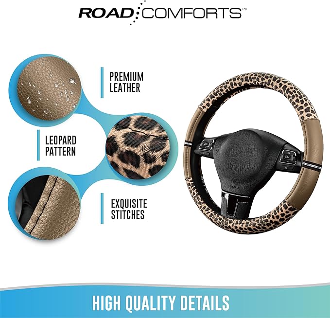 Road Comforts Leopard Steering Wheel Cover for Women, Cute Anti-Slip Microfiber Leather, Universal Fit 14.5-15 Inch Round Ste