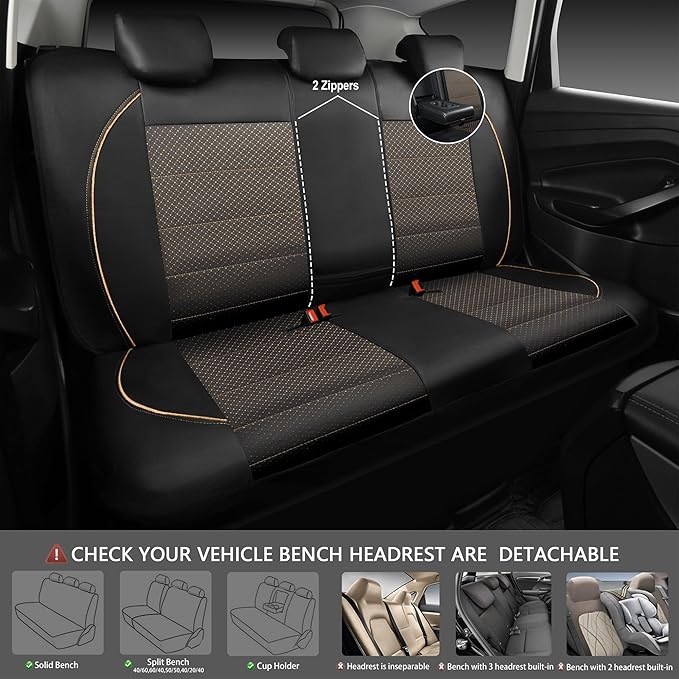 CAR PASS Piping PU Leather Car Seat Cover Full Set,Inside Zipper Design and Reserved Opening Holes,Airbag Compatible,Universal FIT for Car, SUVs,Van,Small Trucks（Full Set, Black & Gold）