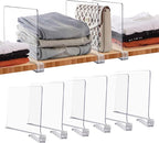 JOY DECOR 6 Pack Acrylic Clear Shelf Dividers for Closets Organizer and Storage Adjustable Vertical Wood Shelf Closet Separat