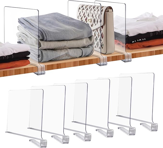 JOY DECOR 6 Pack Acrylic Clear Shelf Dividers for Closets Organizer and Storage Adjustable Vertical Wood Shelf Closet Separat