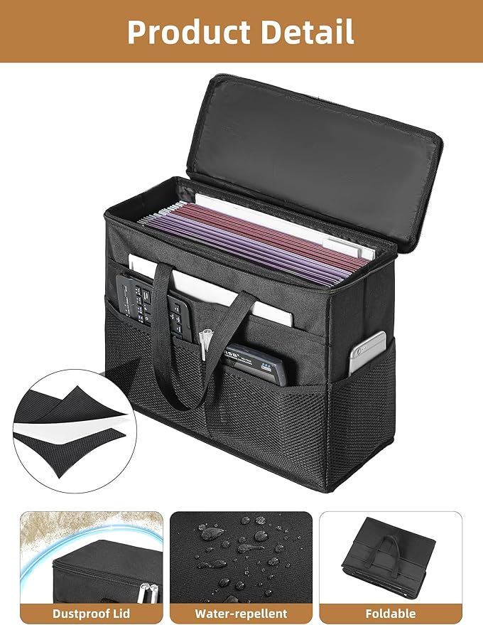 Qozary 2 Pack File Folder Organizer Box-Hanging File Tote Bag With Lids, Collapsible Portable Filing Organizer Box With Handl