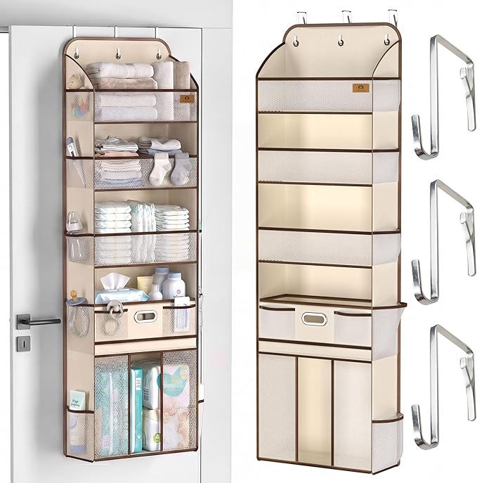 Baby Nursery Over The Door Organizer – 5-Tier 10 Pocket Hanging Storage with Removable Diaper Caddy & 3 Sturdy Hooks, 55LBS C