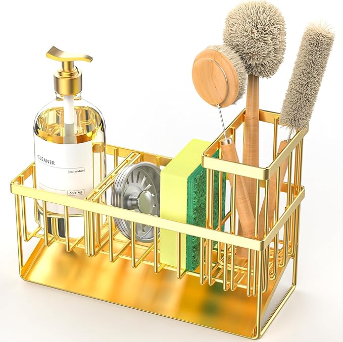 Cisily Gold Kitchen Sink Caddy Organzier with High Brush Holder, Sponge Holder for Sink, 304 Rustproof Stainless, Kitchen Cou