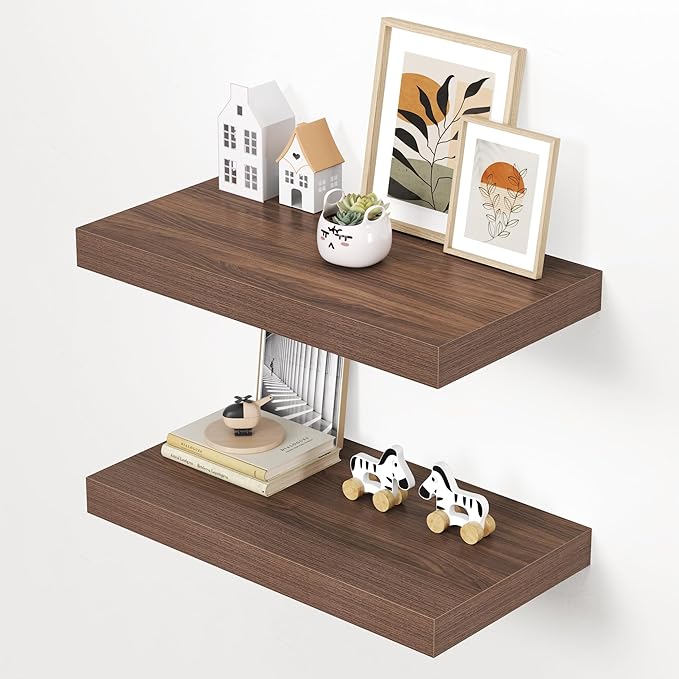 Dreamland 24" Floating Shelves for Wall, 12" Deep Thicker Walnut Floating Shelves, Wall-Mounted Shelves for Bedroom, Living R