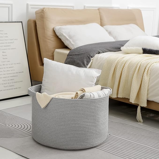 MEGASKET Extra Large Grey Storage Basket, 22" X 22" X 14" XXXL Blanket Basket for Living Room, Gray Wicker Woven Cotton Rope 