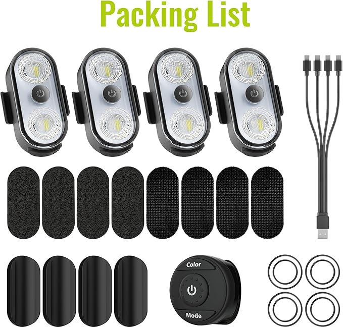 Wireless LED Lights for Car 4PCS- Button and Remote Control Interior Ambient Strobe Light, USB-C 120H 8 Colors IP65 Waterproof Rechargeable Underglow Light for Cars, Trucks, eBike, Motorcycle