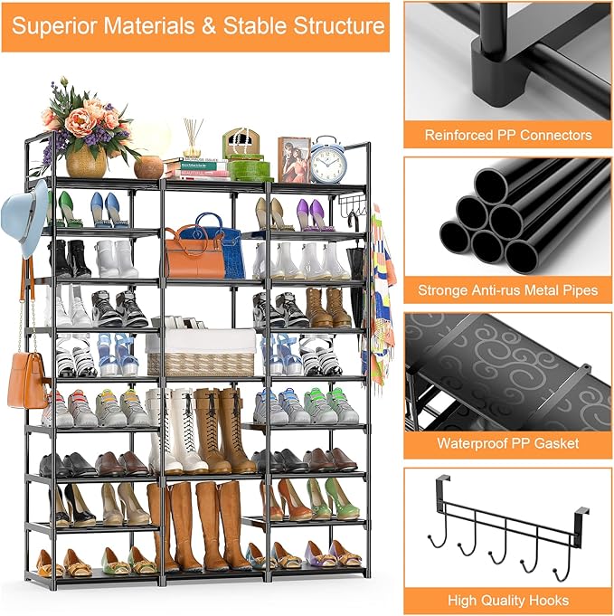 Kottwca 9-Tier Metal Shoe Rack Organizer for 50-55 Pairs - Space Saving Shoe Storage Shelf for Entryway, Closet, Bedroom, Hal