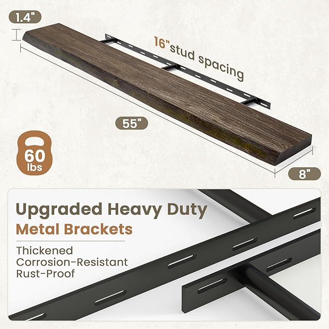Fun Memories Floating Shelves for Wall Decor Set of 1-55 Inch Solid Elm Wood Live Edge - Rustic Walnut Wall Shelves with Invi