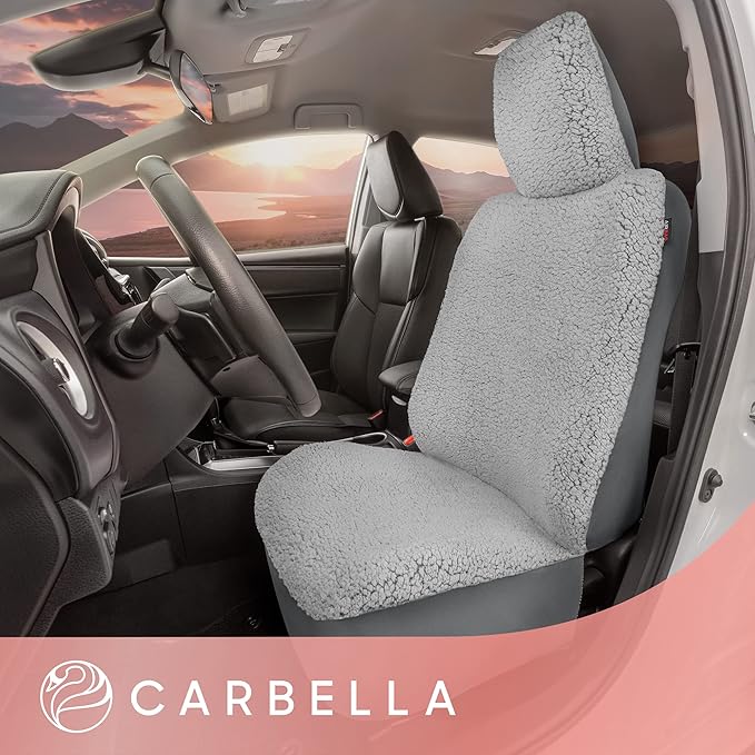 Carbella Plush Sherpa Fleece Car Seat Cover, 1 Piece Gray Seat Cover for Cars with Soft Cushioned Touch, Cute Automotive Inte