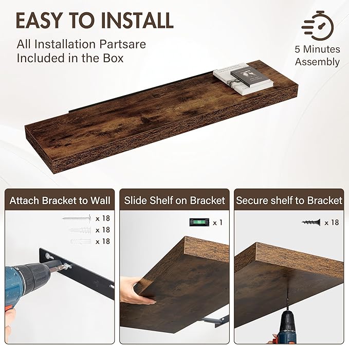 48 Inch Floating Shelves, 12" Deep Floating Shelf Wall Mounted, 48" Wall Shelves, Rustic Deep Bookshelf, Extra Deeper & Thick