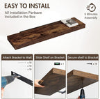 48 Inch Floating Shelves, 12" Deep Floating Shelf Wall Mounted, 48" Wall Shelves, Rustic Deep Bookshelf, Extra Deeper & Thick