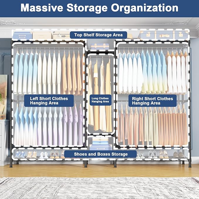 Ulif E12C Max Heavy Duty Closet Organizer System，Freestanding Clothing Rack, Adjustable Garment Rack 83" W x 16" D x 76.5" H 