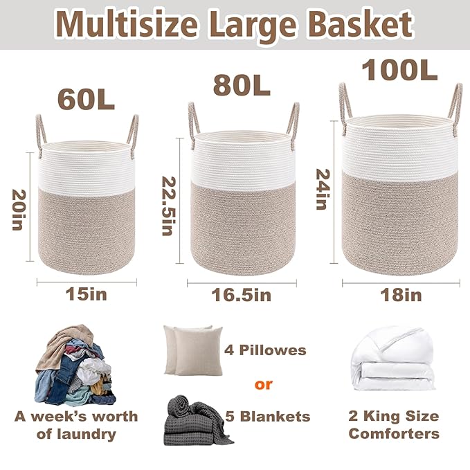 JMvicyroam Large Woven Laundry Basket Hamper,100L Cotton Rope Storage Bin for Blankets,Toys and Clothes,Decorative Tall Nurse