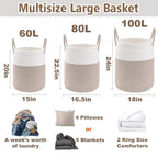 JMvicyroam Large Woven Laundry Basket Hamper,60L Cotton Rope Storage Bin for Blankets,Toys and Clothes,Decorative Tall Nurser