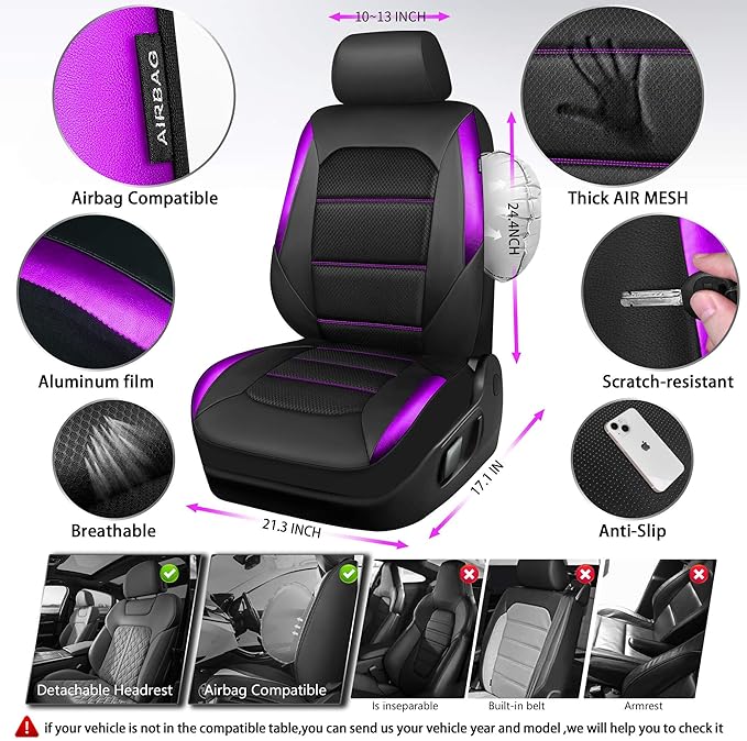 CAR PASS Memory Foam Car Seat Covers,Air Cool Mesh Thick Seat Covers Front Seats,Purple Metal Film Leather Seat Cover for Car
