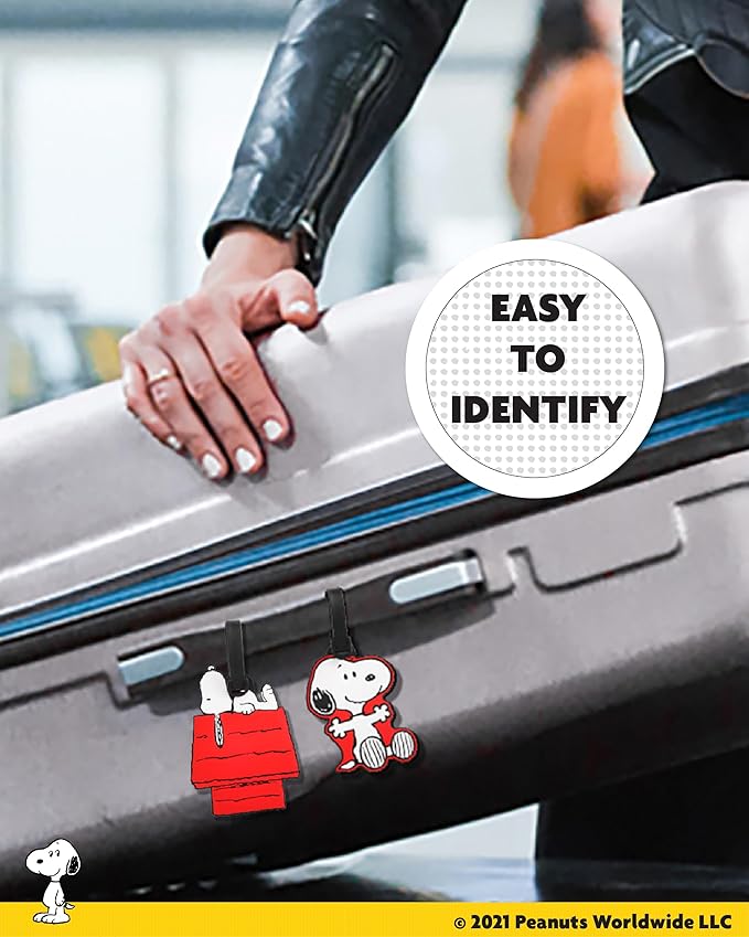 Peanuts Snoopy Luggage Tags 4 Pack Official License, PVC Snoopy Bag Tags and Travel Tags for Luggage, Backpacks, and More
