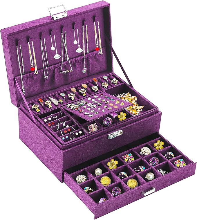 QBestry 3-Layer Jewelry Box for Women with Lock and Key & Drawer, Large Jewelry Organizer with 8 Necklace Hooks & 56 Earring 