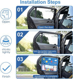 2 Pack Baby Car Sun Shade Side Window (26.8"×19.7"),Dinosaur/Animal Cartoon, Strong Suction Cups UV Heat Protection Sun Block Covers