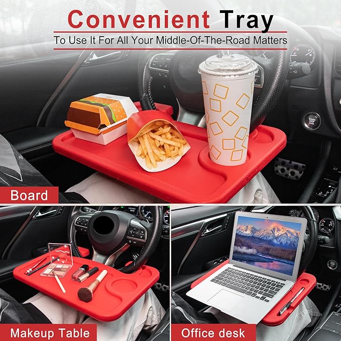 JUSTTOP Car Steering Wheel Desk, Red (ABS, Rectangular), Multipurpose Travel Tray for Eating, Laptop, Tablet, iPad, Cup Holder, Compatible with Most Cars