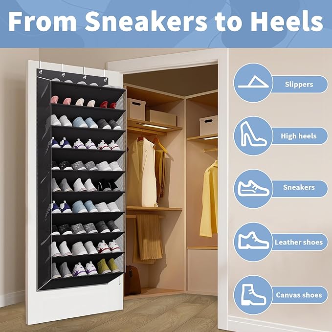 TAHAVICE 10-Tier Large Size Over The Door Shoe Organizer, Holds 30 Pairs Hanging Shoe Rack with Deep Pockets for Closet, Spac