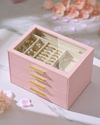 pickpiff Jewelry Box Organizer Case for Women: 4-Layer Jewelry Storage Case with Glass Window, Pink Leather with Velvet Holde